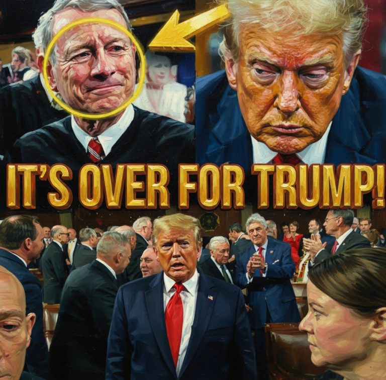 Political illustration about Trump federal judges ruling showing figures in courtroom setting with bold text overlay