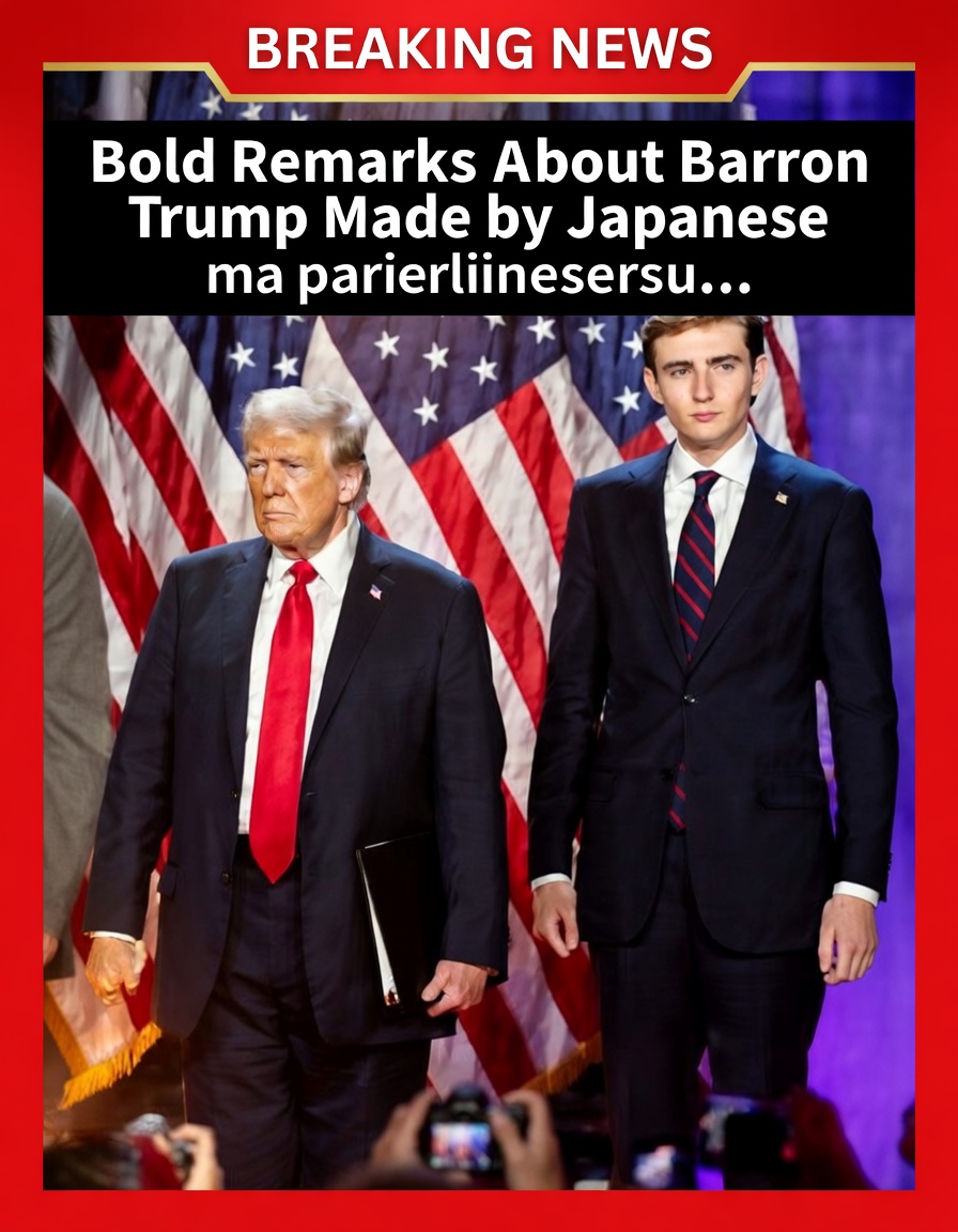 Breaking news thumbnail about Barron Trump Japanese PM remarks, showing two men in suits before American flags