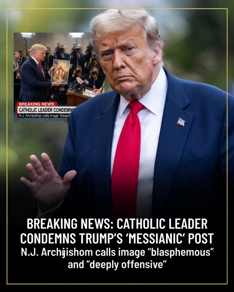Breaking news thumbnail showing political figure with inset of religious imagery, Catholic leader condemns Trump Jesus image