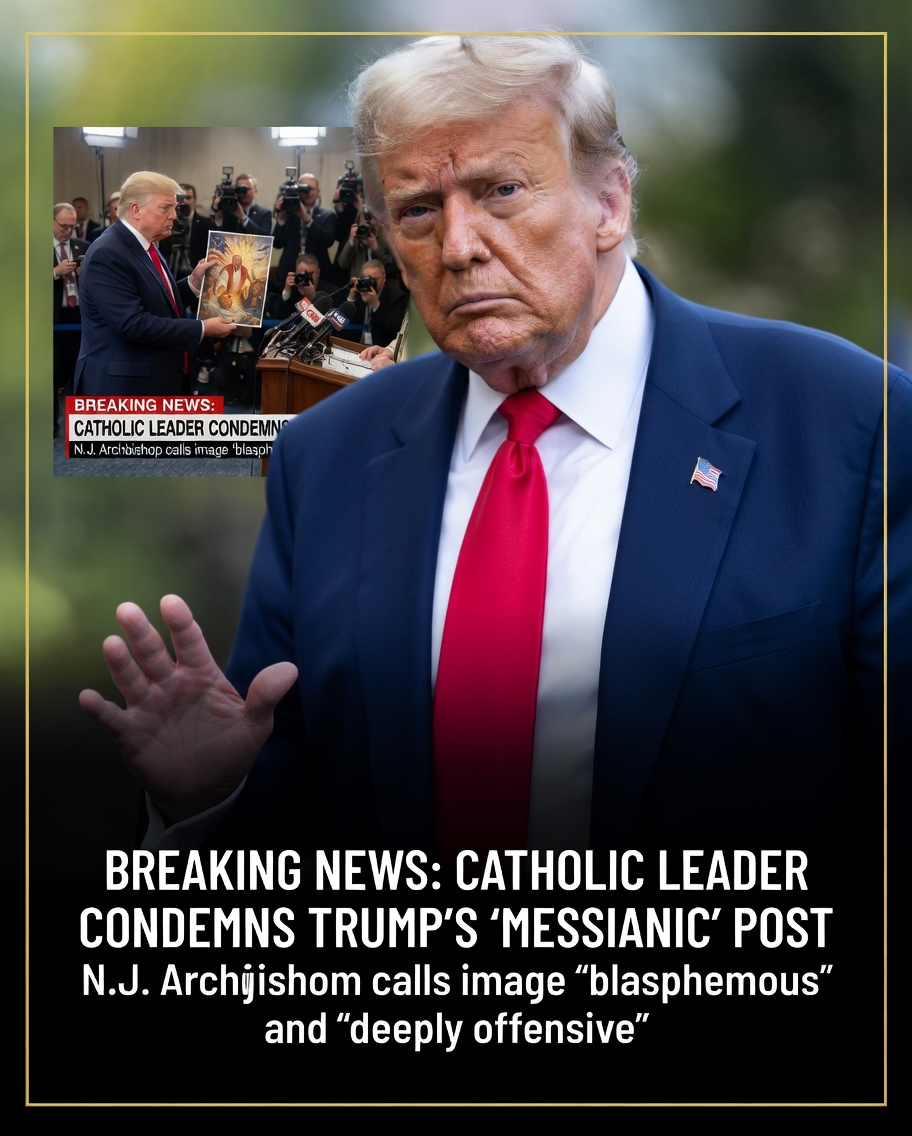 Breaking news thumbnail showing political figure with inset of religious imagery, Catholic leader condemns Trump Jesus image