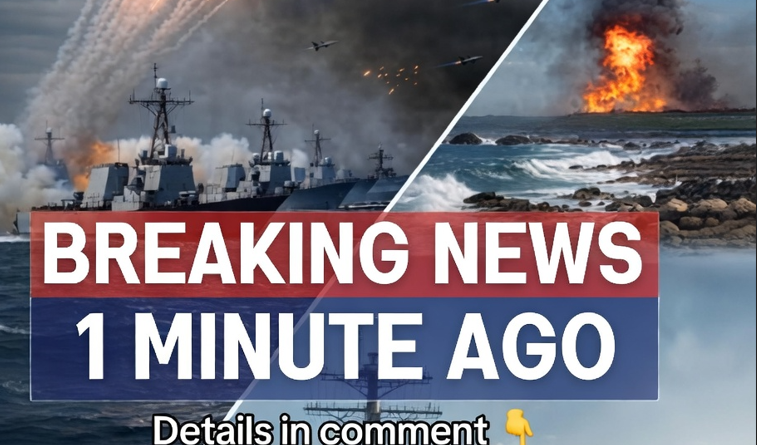 A composite image depicting a fierce naval and air military conflict, showing warships launching missiles, fighter jets in the sky, and a large explosion on a coastal area.