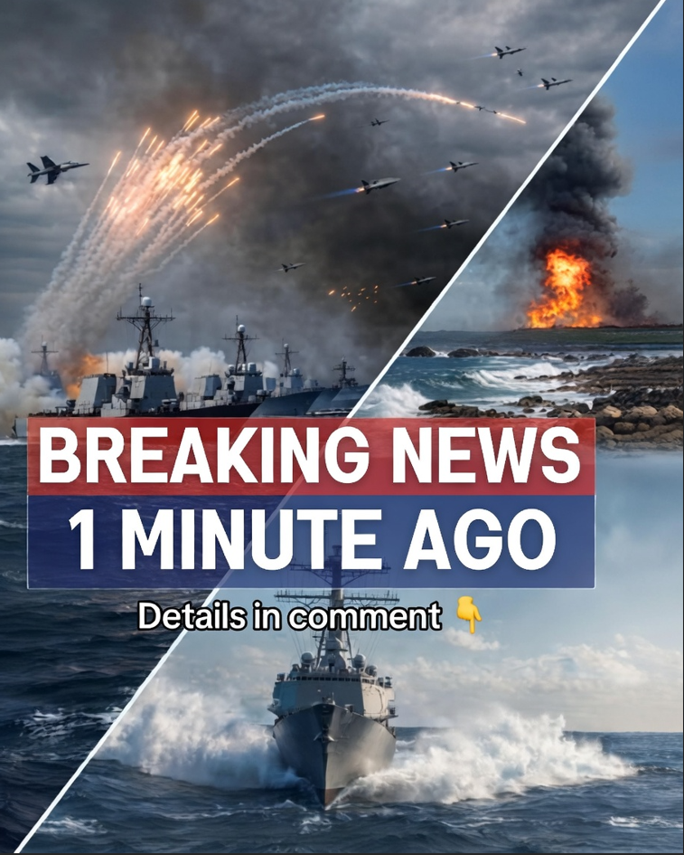 A composite image depicting a fierce naval and air military conflict, showing warships launching missiles, fighter jets in the sky, and a large explosion on a coastal area.