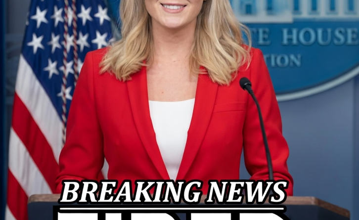 Karoline Leavitt, a blonde woman in a red blazer, smiles while speaking at a podium during a White House press briefing, with an American flag and the White House logo visible in the background.