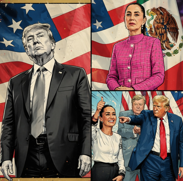 Political artwork depicting Trump administration officials with American and Mexican flags in background