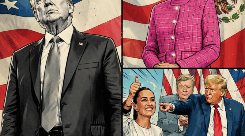Political artwork depicting Trump administration officials with American and Mexican flags in background