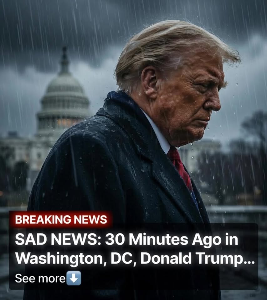 Breaking news graphic showing a man in dark coat and red tie standing in heavy rain with Capitol building in background