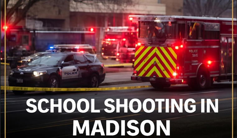 Emergency vehicles, including a police car and fire truck with flashing red lights, at the scene of a school shooting in Madison, with yellow caution tape visible.