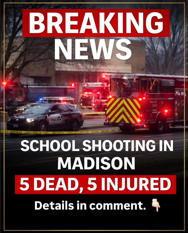 Emergency vehicles, including a police car and fire truck with flashing red lights, at the scene of a school shooting in Madison, with yellow caution tape visible.