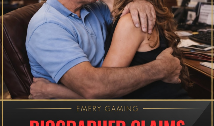 A sensationalized graphic depicting a grey-haired man and a woman kissing (mouths censored by a red heart), implying Prince Andrew and Melania Trump, with an inset of a distressed Donald Trump holding his head. A banner below reads: 'BIOGRAPHER CLAIMS PRINCE ANDREW ALLEGES A RELATIONSHIP WITH MELANIA'.