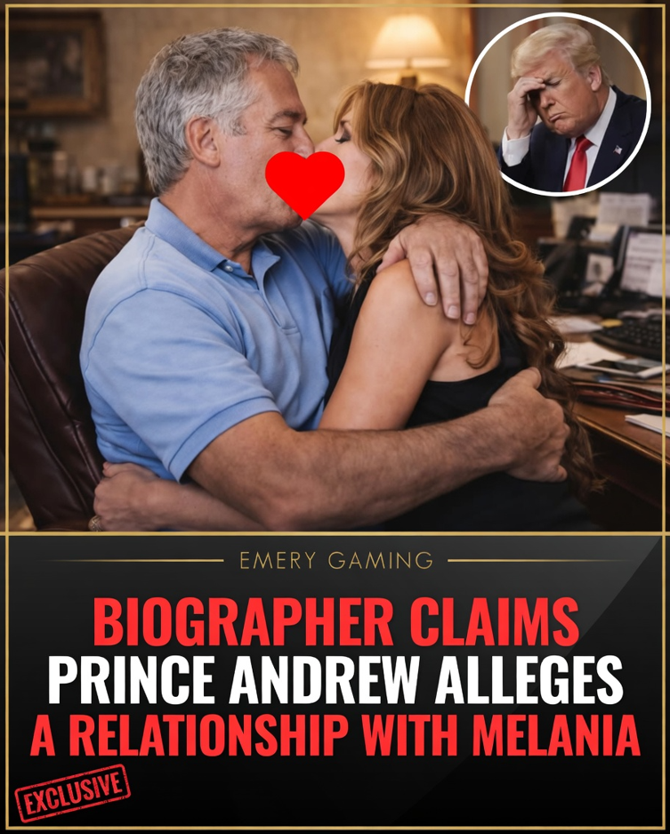 A sensationalized graphic depicting a grey-haired man and a woman kissing (mouths censored by a red heart), implying Prince Andrew and Melania Trump, with an inset of a distressed Donald Trump holding his head. A banner below reads: 'BIOGRAPHER CLAIMS PRINCE ANDREW ALLEGES A RELATIONSHIP WITH MELANIA'.