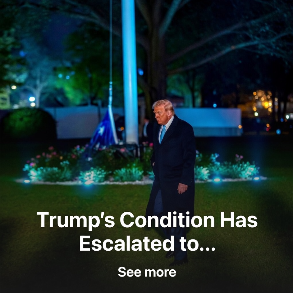 Donald Trump in dark suit standing on illuminated lawn at night with blue lighting and decorative greenery in background