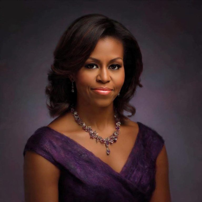 Michelle Obama update portrait wearing purple dress and diamond necklace against neutral background
