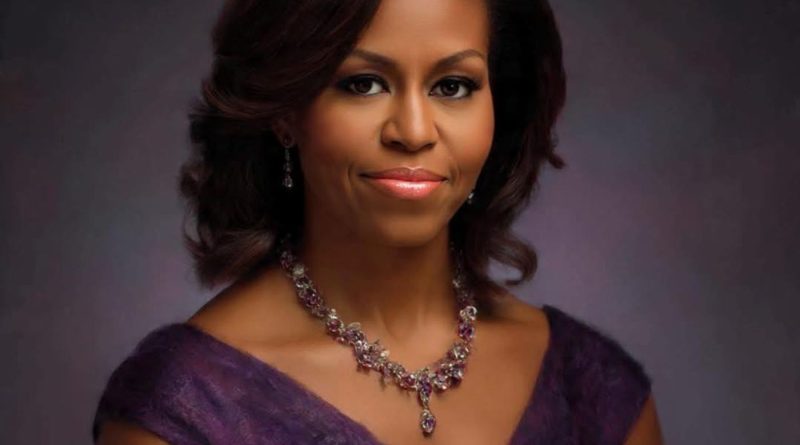 Michelle Obama update portrait wearing purple dress and diamond necklace against neutral background