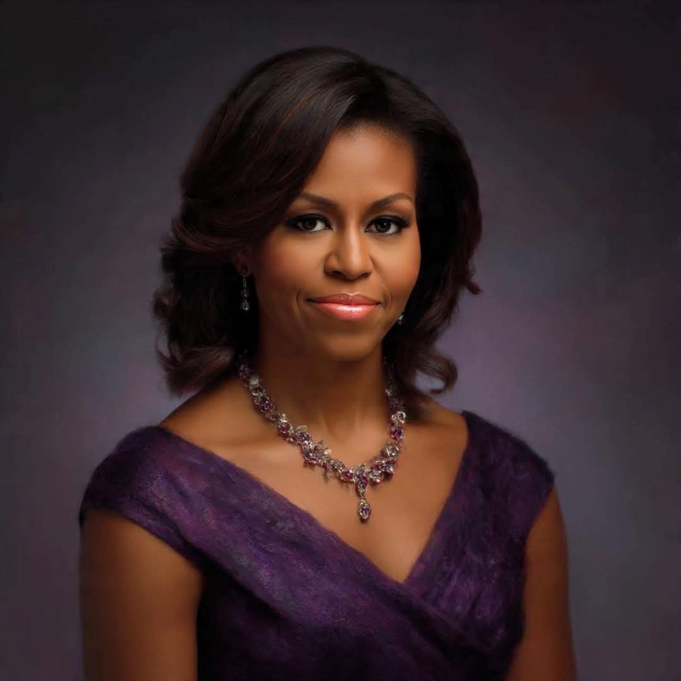 Michelle Obama update portrait wearing purple dress and diamond necklace against neutral background