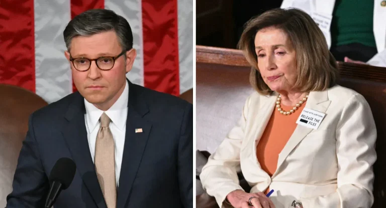 Republican Congressman Chip Roy stands at a podium with an American flag behind him, while former Speaker Nancy Pelosi sits wearing a badge that reads "STAND WITH SURVIVORS" and "RELEASE THE FILES."