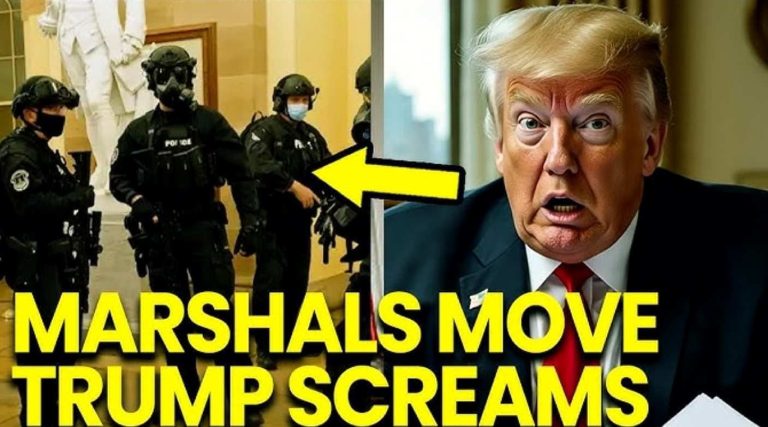 A composite image showing several law enforcement officers in tactical gear on the left, and former President Donald Trump with an open mouth appearing to shout on the right. A yellow arrow points from Trump to the officers, and yellow text reads 'MARSHALS MOVE TRUMP SCREAMS'.