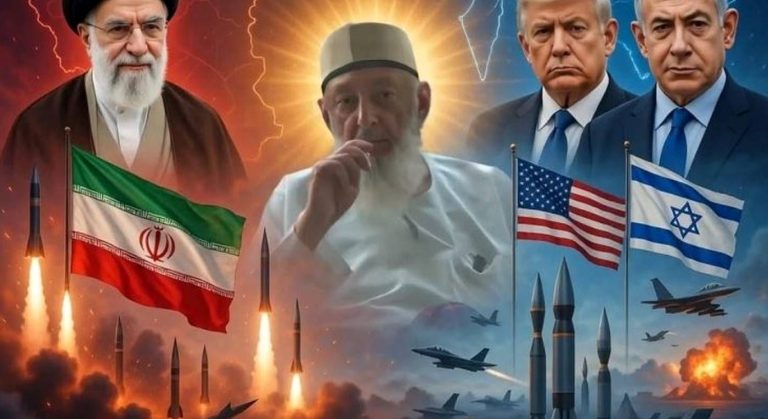 An artistic depiction of geopolitical tensions featuring Ayatollah Ali Khamenei, Donald Trump, and Benjamin Netanyahu, with Iranian, US, and Israeli flags, missiles launching, and fighter jets flying amidst explosions and lightning.