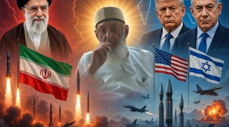 An artistic depiction of geopolitical tensions featuring Ayatollah Ali Khamenei, Donald Trump, and Benjamin Netanyahu, with Iranian, US, and Israeli flags, missiles launching, and fighter jets flying amidst explosions and lightning.