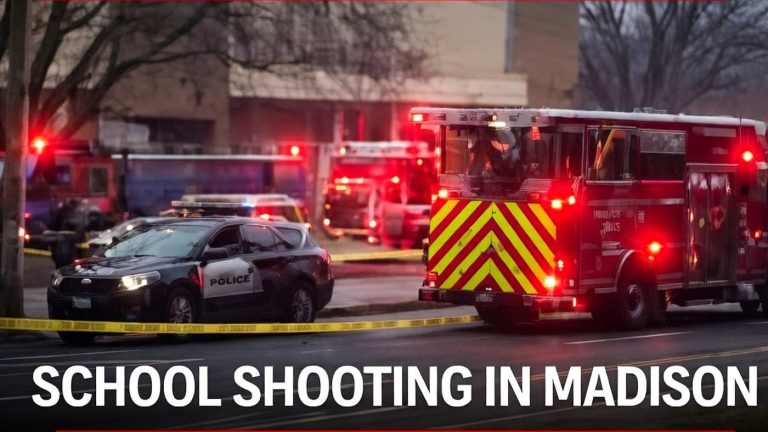 Emergency response scene with police cars and fire trucks with flashing lights and caution tape, indicating a school shooting incident in Madison.
