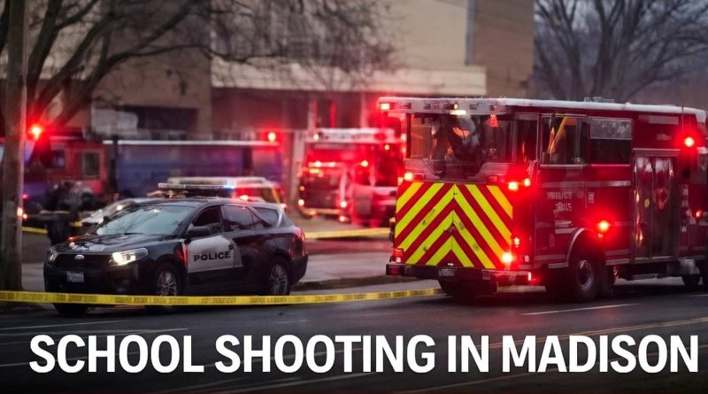 Emergency response scene with police cars and fire trucks with flashing lights and caution tape, indicating a school shooting incident in Madison.