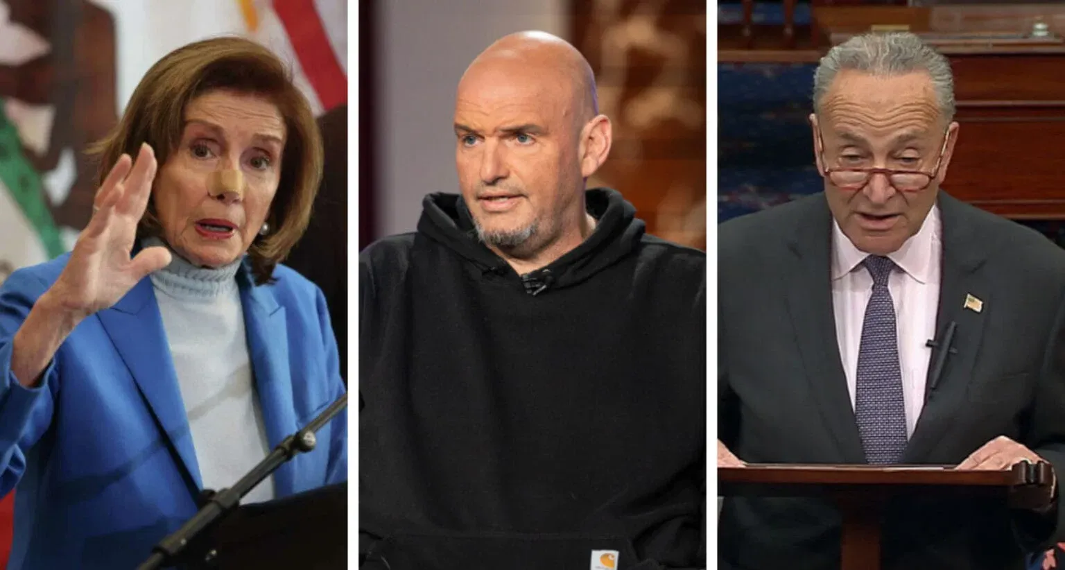 Composite image of Nancy Pelosi speaking with a bandaged nose, John Fetterman in a black hoodie, and Chuck Schumer at a podium.