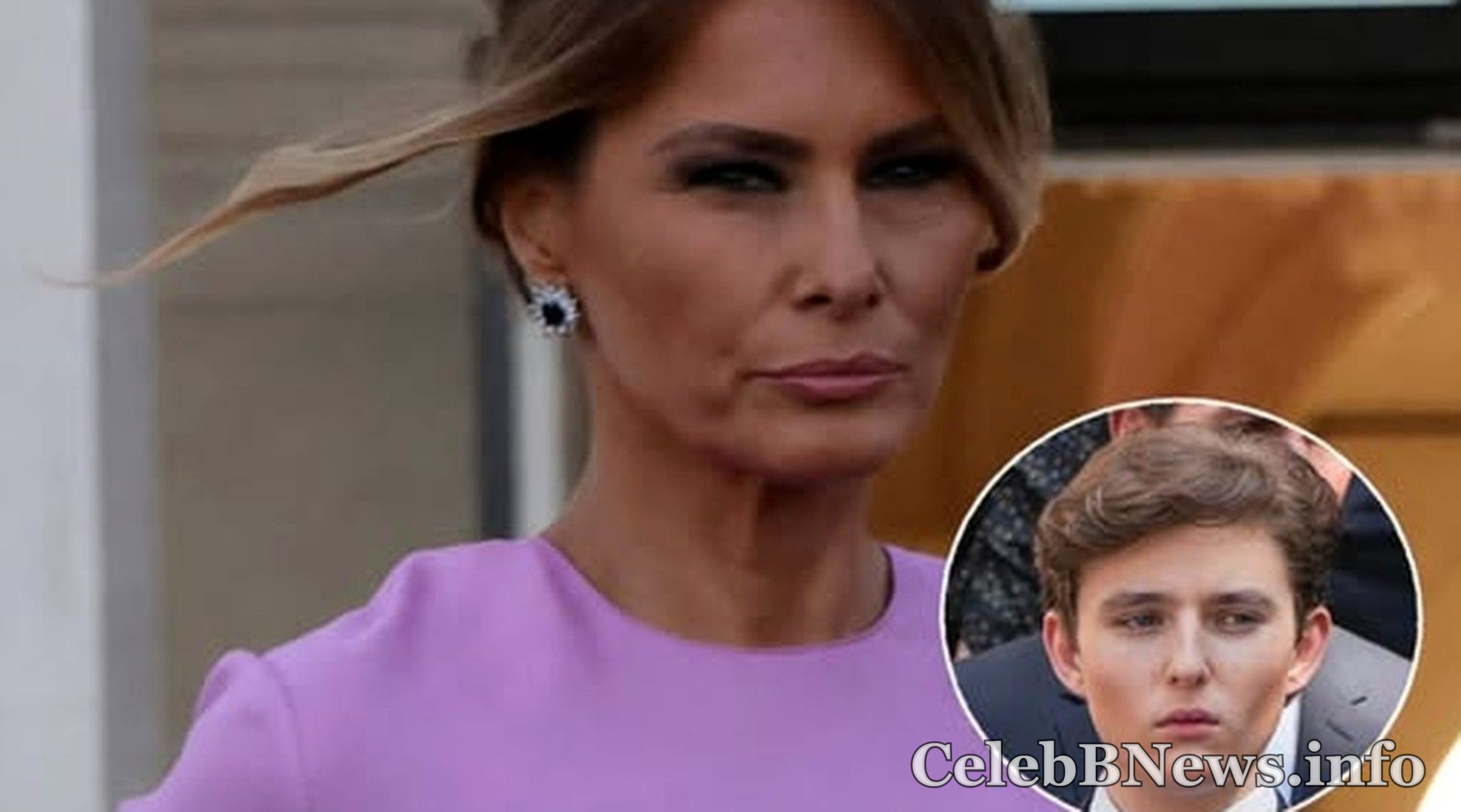 Woman in purple top with concerned expression, inset photo of young boy in formal attire