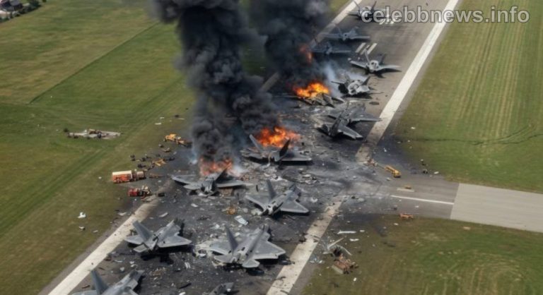 Military aircraft crash site with emergency responders on runway amid smoke and flames