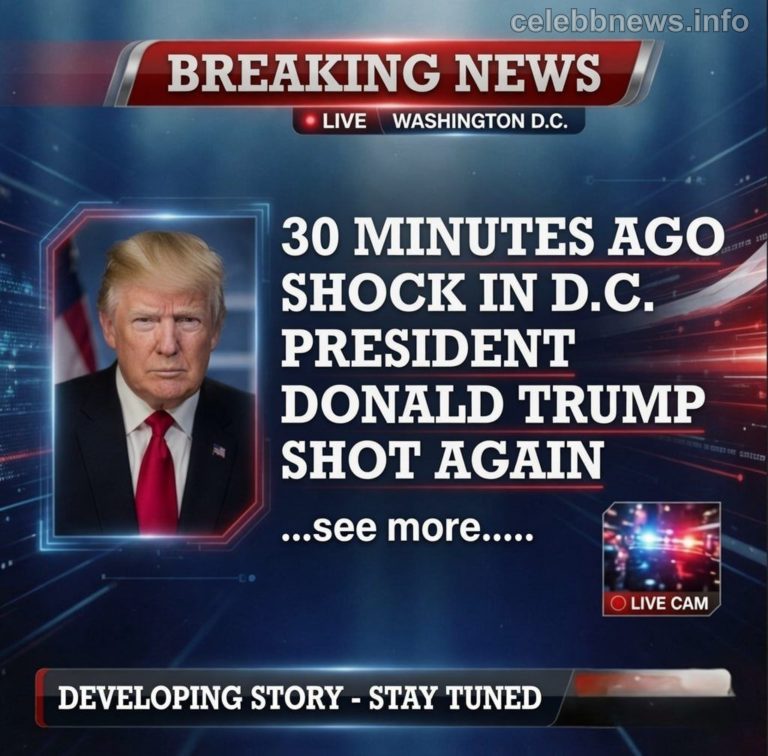 Breaking News graphic showing 30 Minutes Ago Shock in D.C. President Donald Trump Shot Again with live broadcast from Washington D.C.