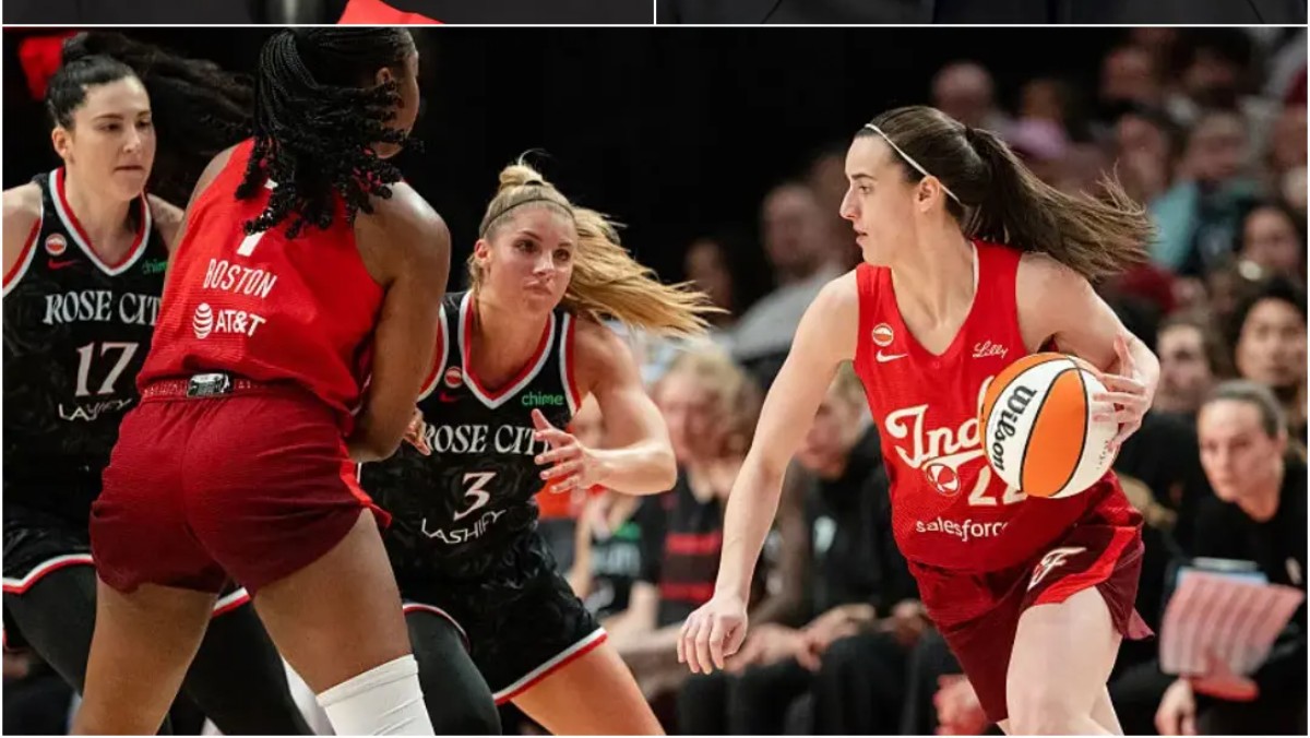 Caitlin Clark and Stephanie White with Portland Fire players in action during WNBA game