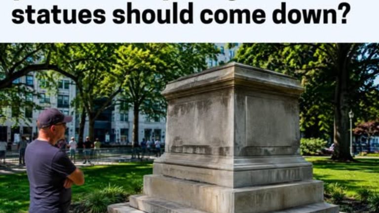 Man viewing statue with text about armed home invasion arrests and criminal record
