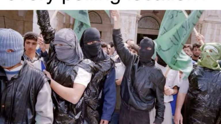 Voter identification election security debate showing masked protesters at polling location demonstration